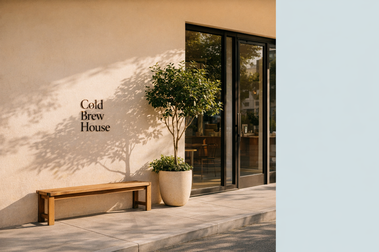 Cold Brew House storefront with a bench, potted tree, and warm sunlight