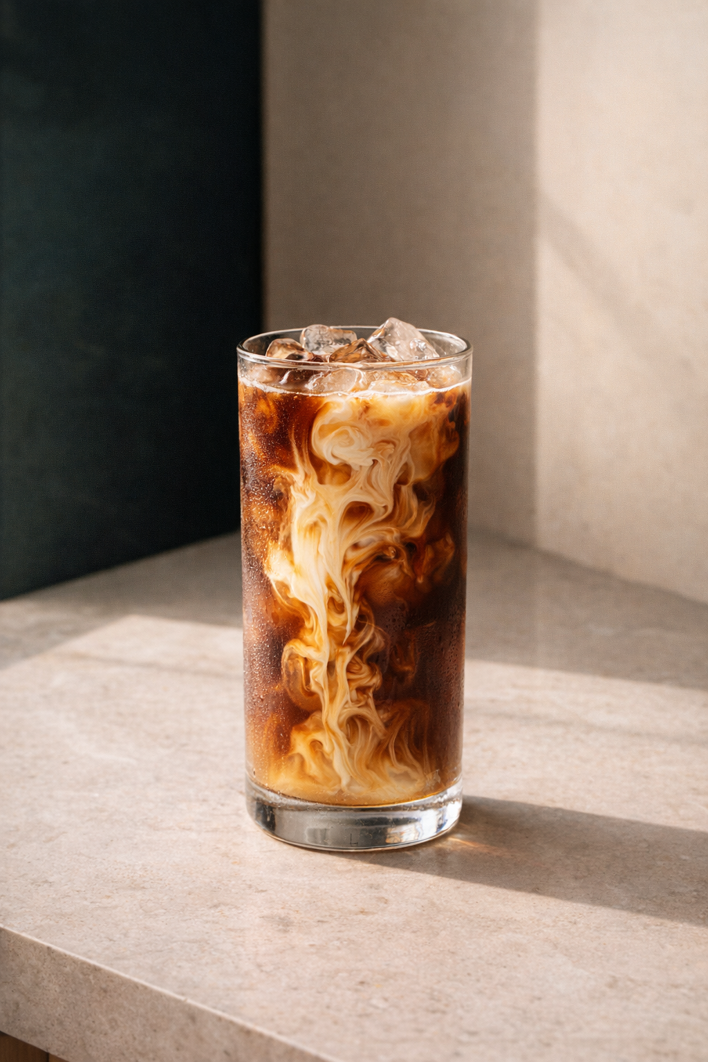 Vanilla cream cold brew with cream swirling into iced coffee