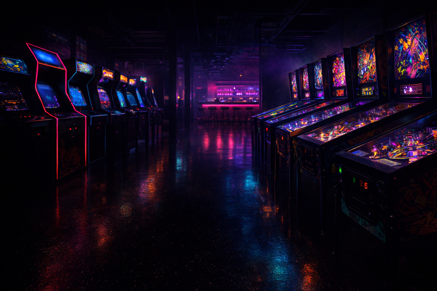 A dark arcade and pinball bar glowing with cyan and magenta neon.