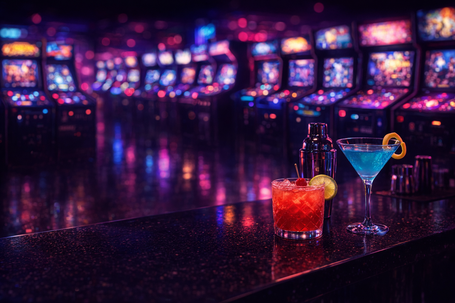 Two bright cocktails on a dark arcade bar counter.