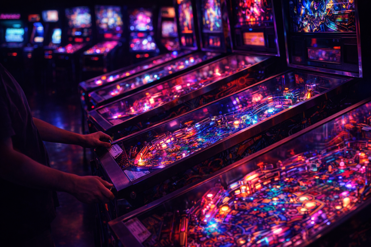 Hands playing a row of neon-lit pinball machines.