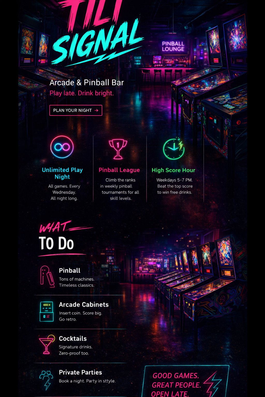 Generated mockup for the Tilt Signal arcade and pinball bar landing page.